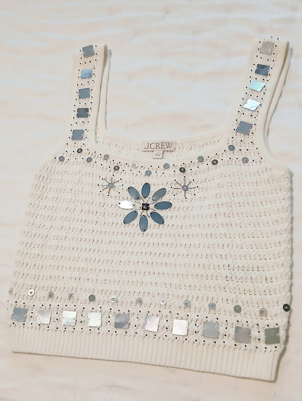 NWOT J.Crew White Embellished Crochet Sweater Tank